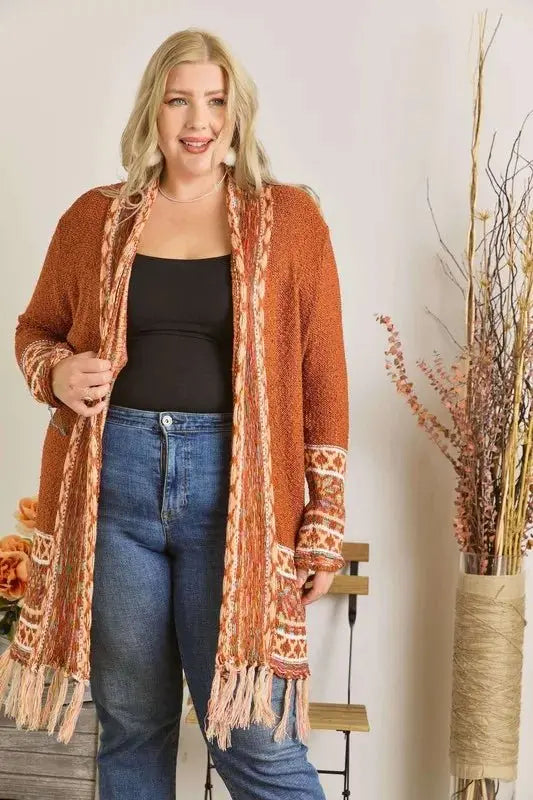 ADORA Full Size Fringe Hem Aztec Border Cardigan Plus Size - Love Salve